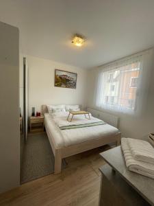 a bedroom with two beds and a window at Beroun apartments in Beroun