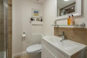 a bathroom with a sink and a toilet and a shower at Sextons Yard Cottage in Docking +16 photos