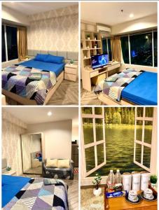 eine Collage mit vier Bildern eines Schlafzimmers in der Unterkunft Apartemen grand kamala lagoon in Kayuringin