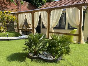 une pergola en bois avec deux plantes dans une cour dans l'établissement Balnéo, sauna, free champagne et de nombreuses surprises, à Rouen