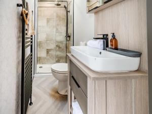 a bathroom with a sink and a toilet and a shower at Pheasant Lodge in Nawton