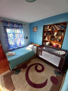 ein Schlafzimmer mit einem Bett und einem Bücherregal in der Unterkunft Orizontas Pilio Villa in Kissos