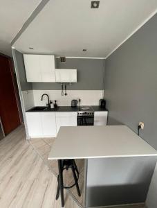 a kitchen with a white counter top and a stove at City Center Apartment in Katowice