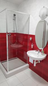 a bathroom with a shower and a sink and a mirror at Kaštieľ Košťany in Košťany nad Turcom