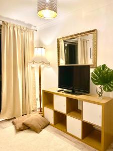 uma sala de estar com televisão e espelho em Luxury Apt- Balcony-Kensington- 24 7 security em Londres