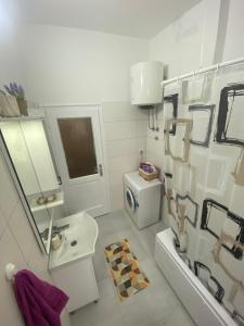 La salle de bains blanche est pourvue d'un lavabo et de toilettes. dans l'établissement DOLCE APARTMAN, à Podgorica