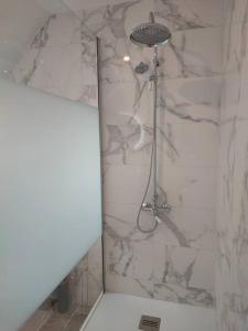 a shower in a bathroom with a marble wall at La Suite in Vron