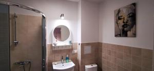 a bathroom with a shower and a sink and a mirror at Kamienica Radków in Radków +31 photos