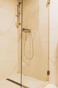 La salle de bains est pourvue d'une douche avec une porte en verre. dans l'établissement Albert gare du Midi , 29, à Bruxelles