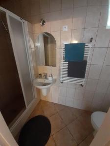 uma casa de banho com um lavatório, um WC e um espelho. em Polonia Apartman em Egerszalók