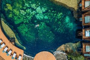 an aerial view of a person swimming in a body of water at Hotel Shibari - Restaurant & Cenote Club in Tulum
