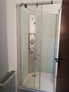 eine Dusche mit Glastür im Bad in der Unterkunft Casa Din Padure in Sinaia