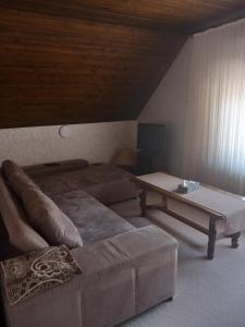 a living room with a couch and a table at Apartma Sabatuš in Bohinj