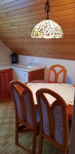 a kitchen with a table and two chairs and a light at Apartma Sabatuš in Bohinj