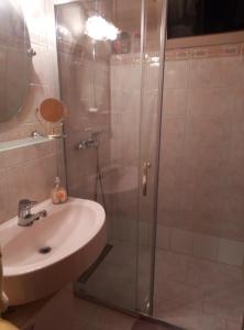 a bathroom with a shower and a sink at Apartma Sabatuš in Bohinj