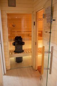 una habitación con una sauna con una maleta. en Sauna studio near centre/airport, en Praga