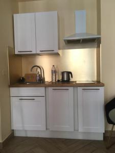 eine Küche mit weißen Schränken und einem Waschbecken in der Unterkunft Le Sancy appartement in Beausoleil