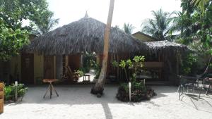 un edificio con una cabaña de paja con una palmera en RISING SUN BEACH VIEW, en Thinadhoo