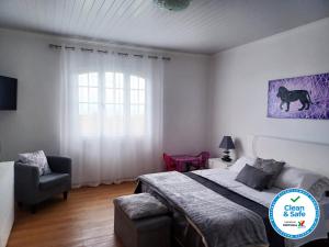 a bedroom with a bed and a chair and a window at Alves Nature Rooms in Arrifes