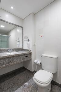a bathroom with a toilet and a sink and a mirror at Monreale Plus Midtown Campinas in Campinas