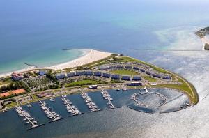 an aerial view of a marina with boats in the water at Burgtiefe Südstrand "Windflüchter" in Fehmarn
