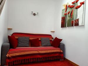 eine Couch mit einer Decke und ein Gemälde an der Wand in der Unterkunft La Maison du Marin in Saint-Gilles-Croix-de-Vie