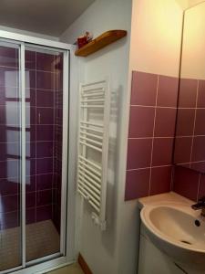 ein Badezimmer mit Waschbecken und Dusche mit lila Fliesen in der Unterkunft La Maison du Marin in Saint-Gilles-Croix-de-Vie