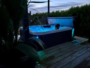 a cat is sitting in a bath tub at Studio & Spa La Discrète in Saint-Évarzec
