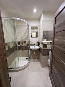 W łazience znajduje się prysznic i umywalka. w obiekcie Beroun apartments w mieście Beroun