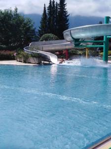 una persona en una piscina con tobogán de agua en Ferienwohnung BergTime, en Weißenbach bei Liezen