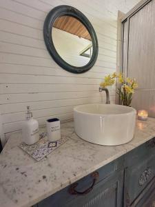 baño con lavabo y espejo en la encimera en Casa de Campo Riachuelo Verde, en Aguas Zarcas