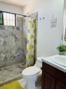 a bathroom with a toilet and a shower and a sink at Casa Blanca Beachhouse - walking distance beach in Tamarindo