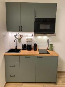 a kitchen with a counter with a sink and a microwave at Appartements neuf - Frontière de Monaco - clim - WIFI in Cap d'Ail