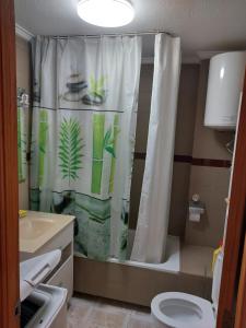 ein Bad mit einem Duschvorhang und einem WC in der Unterkunft La Mata Studio with Beach and Pool View in La Mata