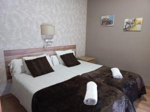 a bedroom with a large bed with two pillows at HOTEL LOS ARENALES DE JERTE in Jerte