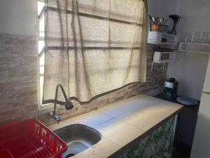 eine Küchentheke mit einem Waschbecken und einem Fenster in der Unterkunft Depto a 6 cuadras de la playa y 5 min. casco histórico in Colonia del Sacramento