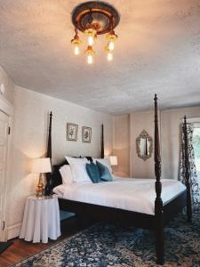 1 dormitorio con cama y lámpara de araña en Marianna Stoltz House, en Spokane