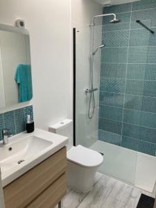 a bathroom with a shower and a toilet and a sink at Chambre indépendante 10min circuit 24h tramway in Le Mans
