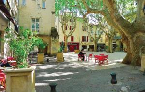 ボーケールにあるNice Apartment In Beaucaire With Wifiの中庭(テーブル、椅子、木付)