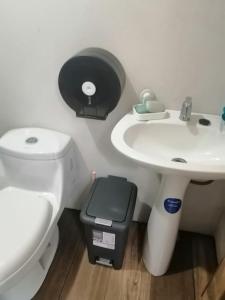 a bathroom with a toilet and a sink at Quinta privada con cabaña y piscina temperada in Cartago