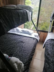a couple of bunk beds in a room with a window at Quinta privada con cabaña y piscina temperada in Cartago