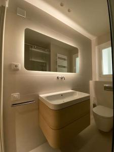 La salle de bains est pourvue d'un lavabo, de toilettes et d'un miroir. dans l'établissement Casa centro Sabadell a 20Km BCN ideal Familias y Grupo Amigos, à Sabadell