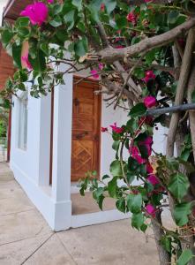 una puerta a una casa con flores rosas en Pueblo Andaluz Olmué en Olmué