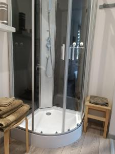 a shower with a glass enclosure in a bathroom at La longère de Suzanne in Arrest