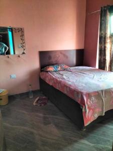 um quarto com uma cama grande numa parede cor-de-rosa em OYO Hotel Athiti 2 em Meerut