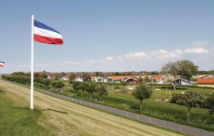 a flag flying over a field with houses at Friedrichskoog-deichblick 22 in Friedrichskoog