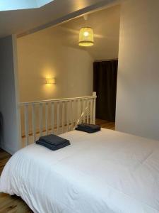 1 dormitorio con 1 cama blanca y 2 toallas en Charmante petite maison, en Bourges