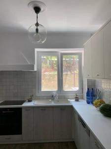 a white kitchen with a sink and two windows at Blue Flag Award Winning Ormos Lo Beach: Home 1 in Vrontados