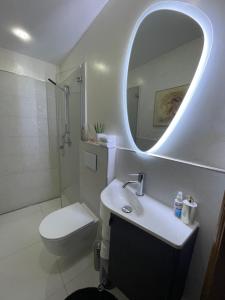 a bathroom with a sink and a toilet and a mirror at Airport Rooms Waldblick in Cologne