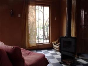 sala de estar con chimenea y ventana en Alcohuaz Indomito, en Alcoguaz